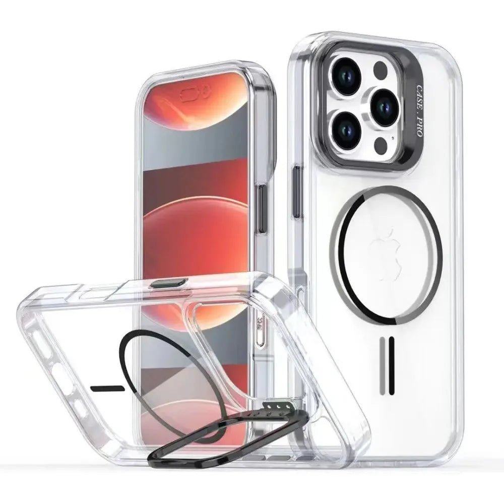 Luxury Transparent MagSafe Case with Camera Guard & Stand for iPhone 16 Series