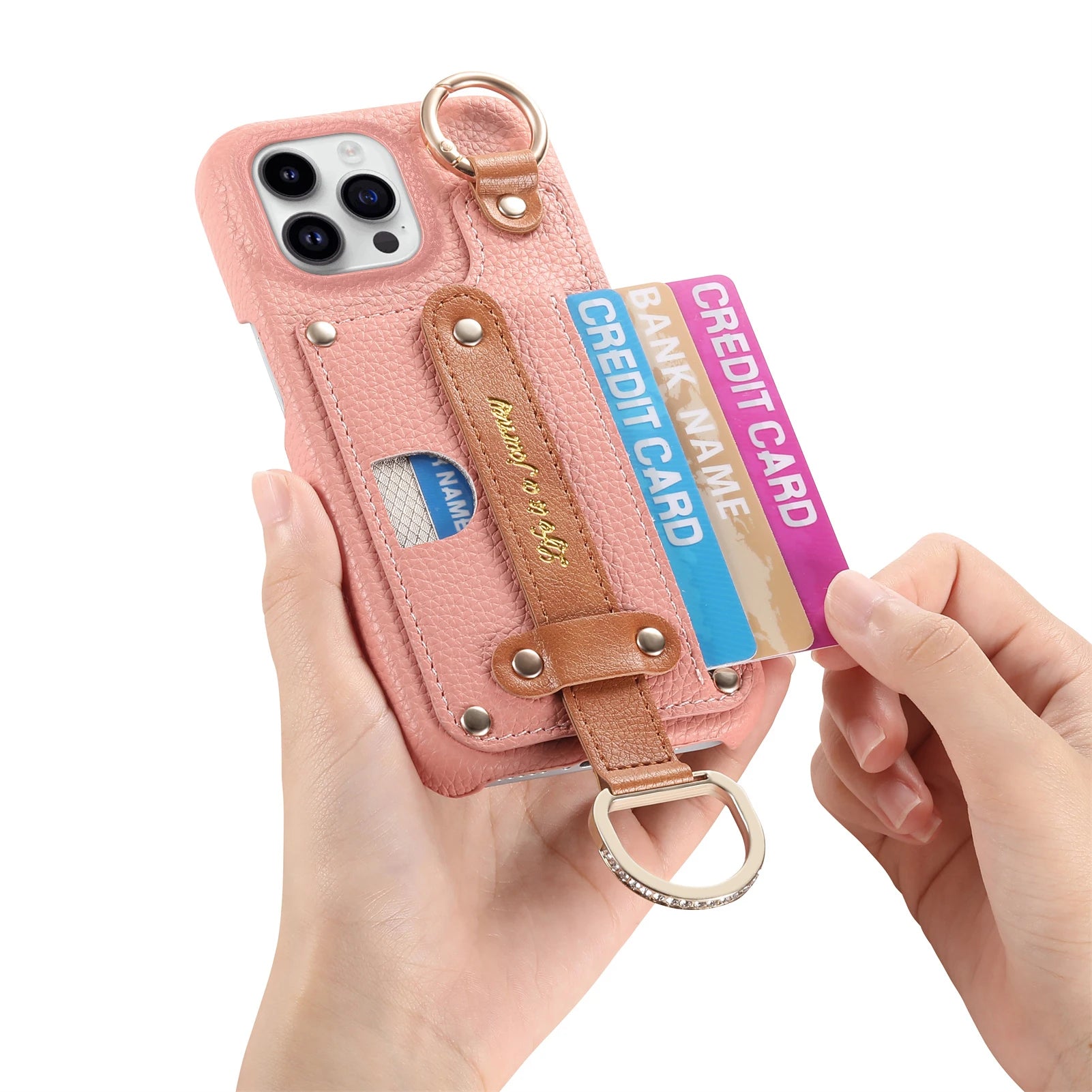 iPhone 15 Series Leather Wallet Case with Wrist Strap & Card Holder