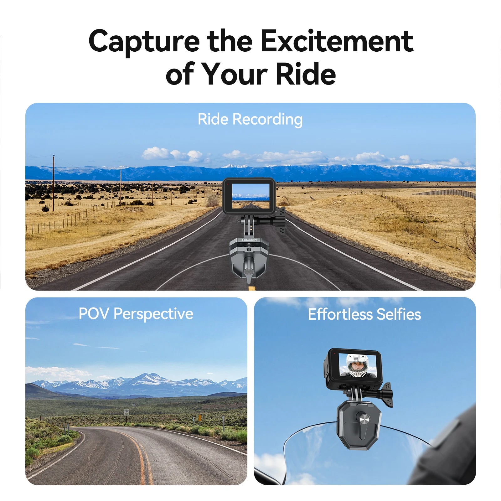 TELESIN Windshield Clamp Mount for Action Cameras