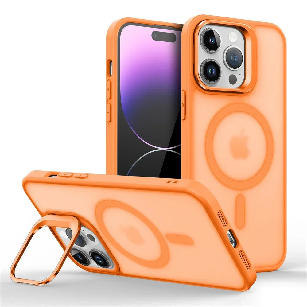Shockproof Matte MagSafe Case with Metal Lens Stand for iPhone 15 Series