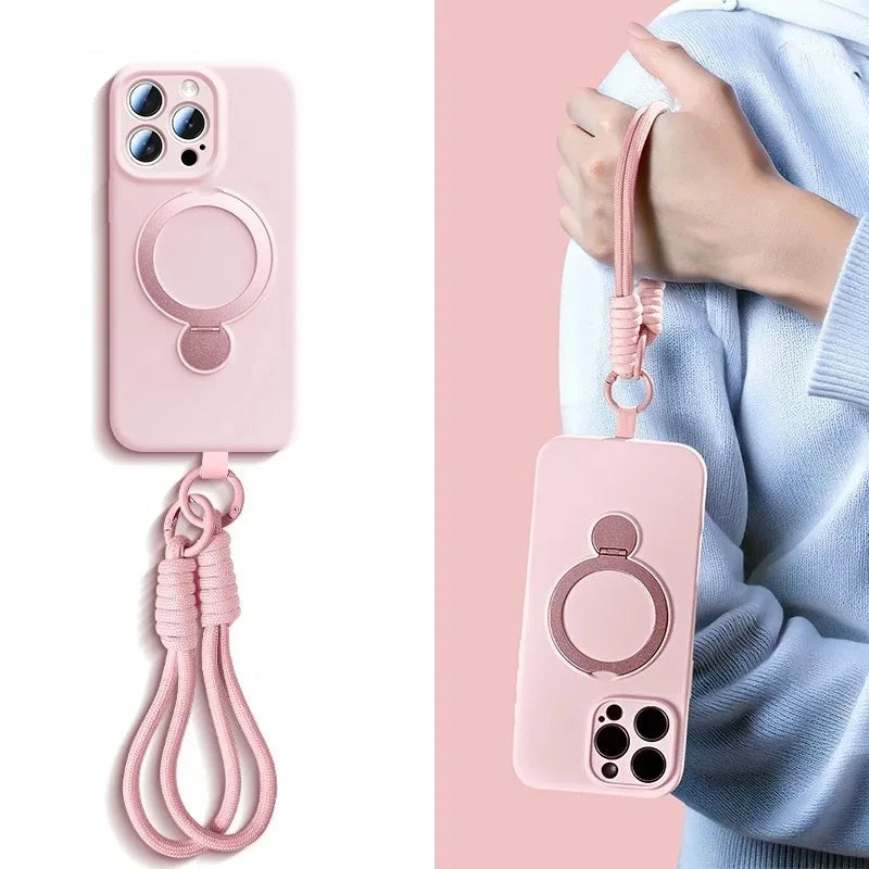 iPhone 16 Series Silicone MagSafe Case with Rotating Ring Holder Stand