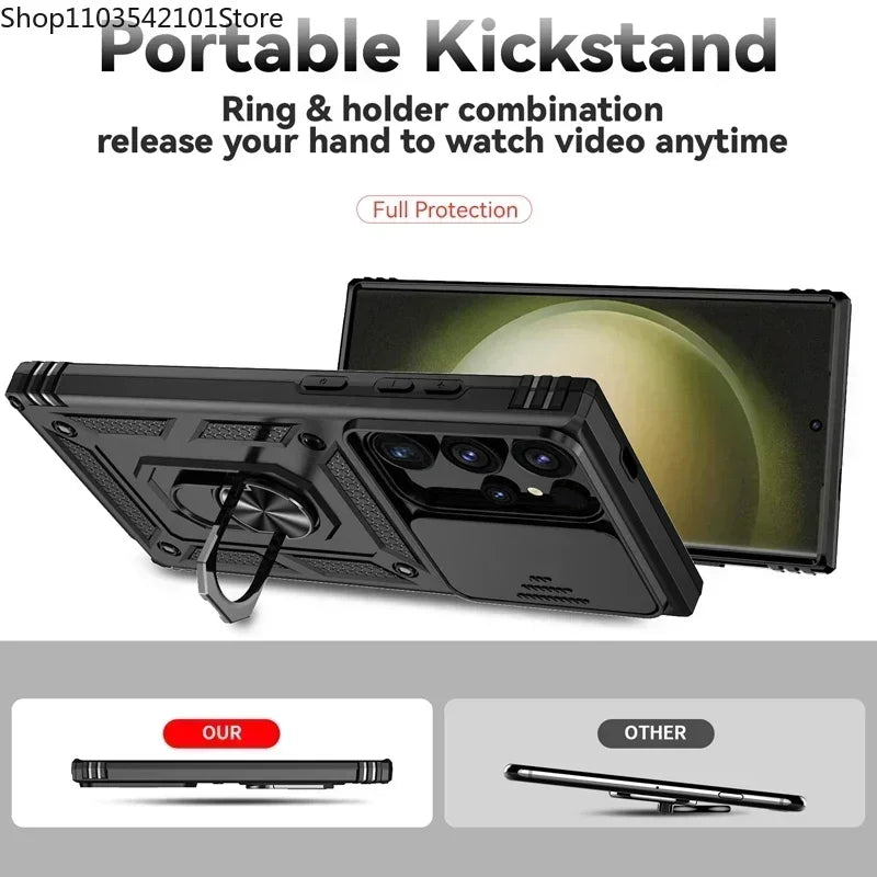 Military Grade Slide Camera Lens Armor Case with Ring Stand for Samsung Galaxy S25 Series