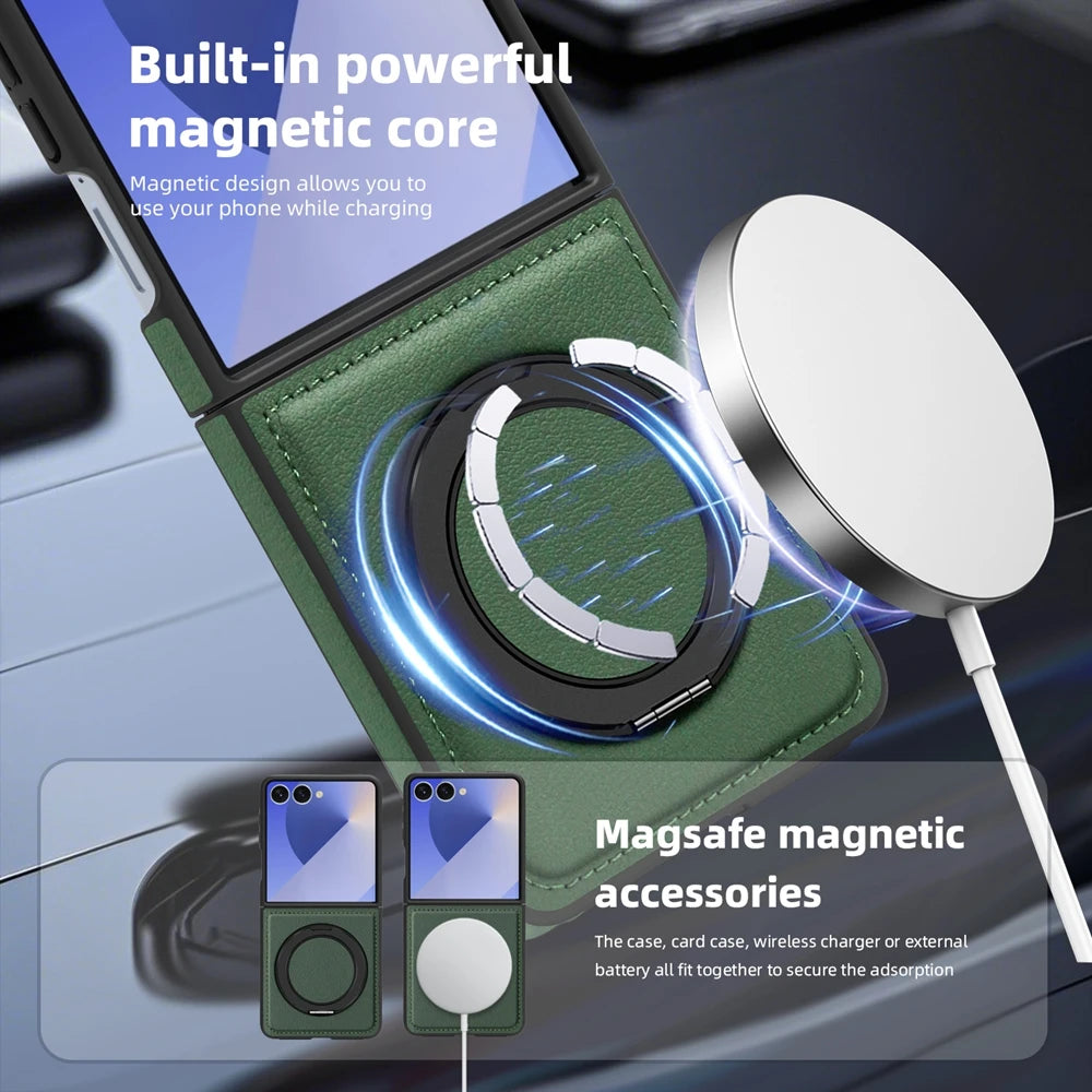 Samsung Galaxy Z Flip 7 Premium Leather Magnetic Case with Ring Holder