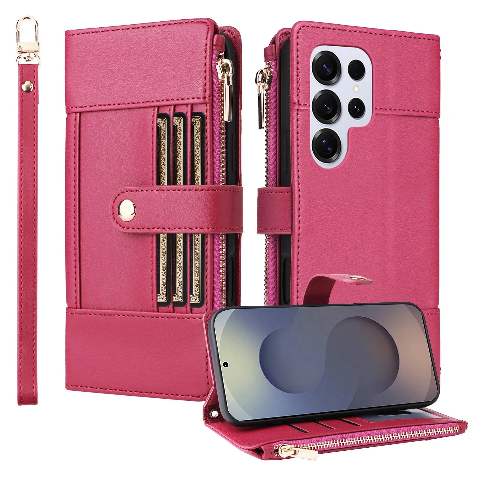 Samsung Galaxy S25 Series Leather Phone Case with Crossbody Strap and Zipper Wallet