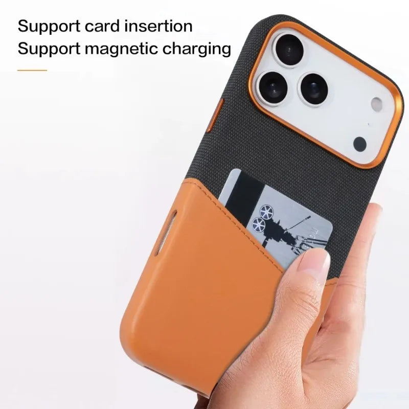 Premium Leather and Fabric Splicing MagSafe Case with Card Slots for iPhone 17 Series