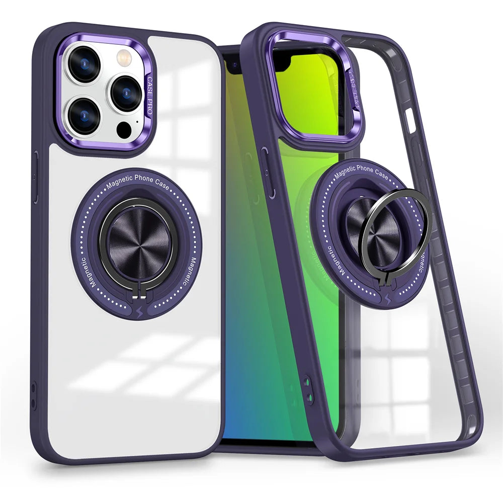 Crystal Clear Magnetic Case with Ring Stand for iPhone 15 Series