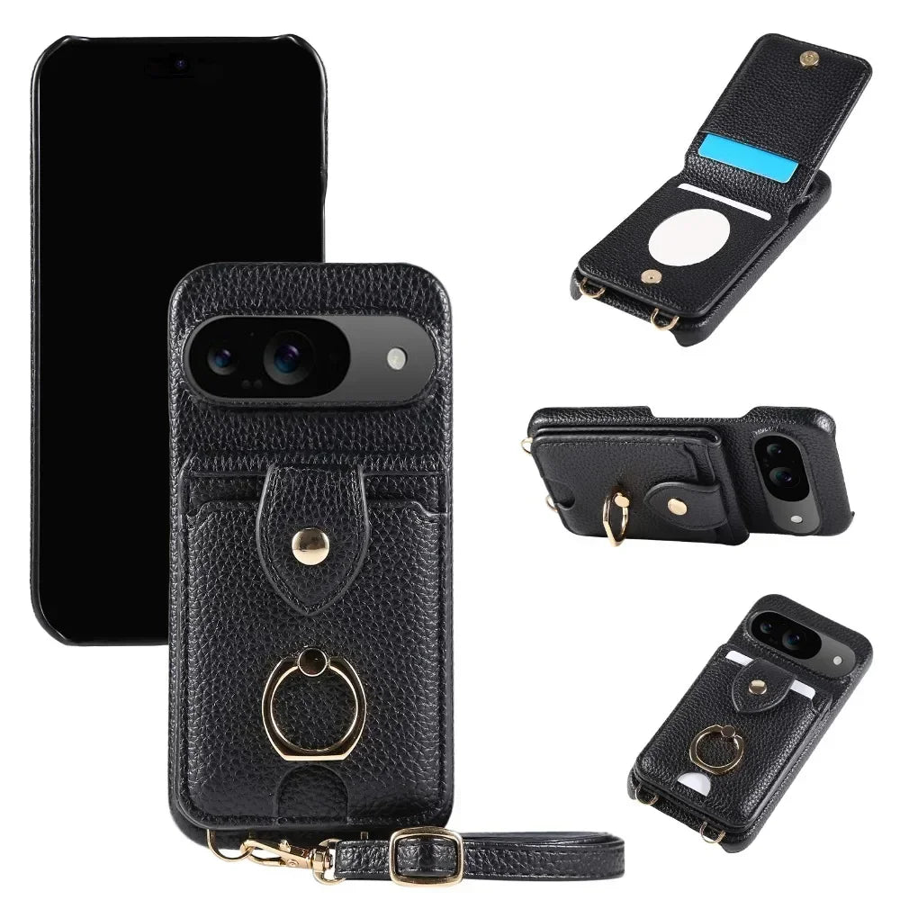 Crossbody Leather Wallet Phone Case with Ring Stand & Card Holder for Google Pixel 9 Series