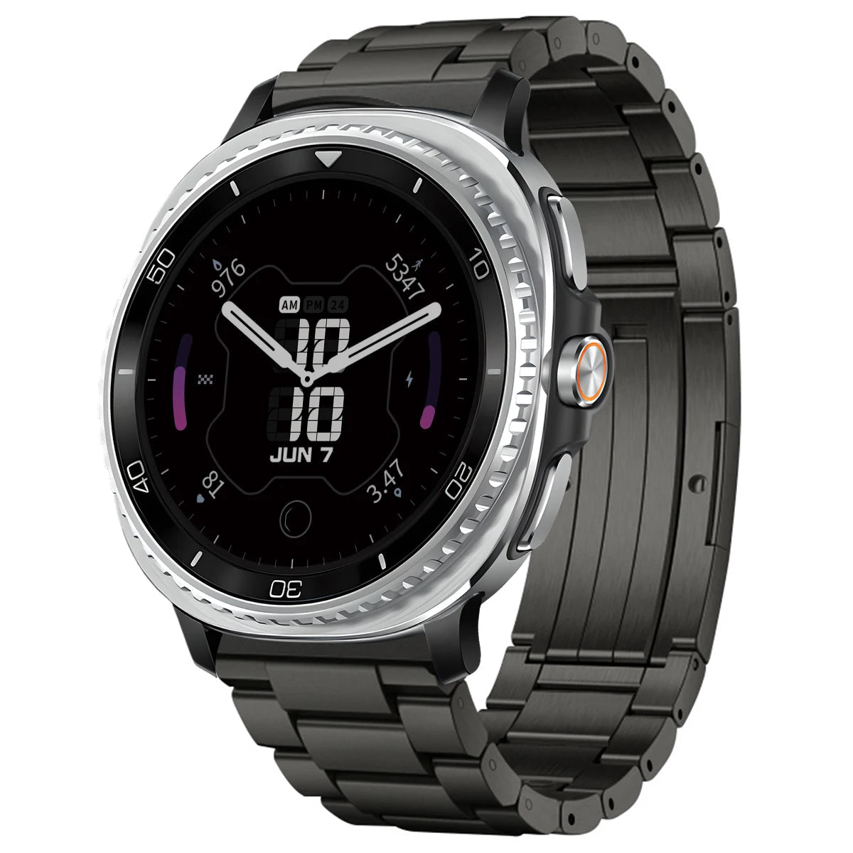 Black smartwatch with metal band on a white background