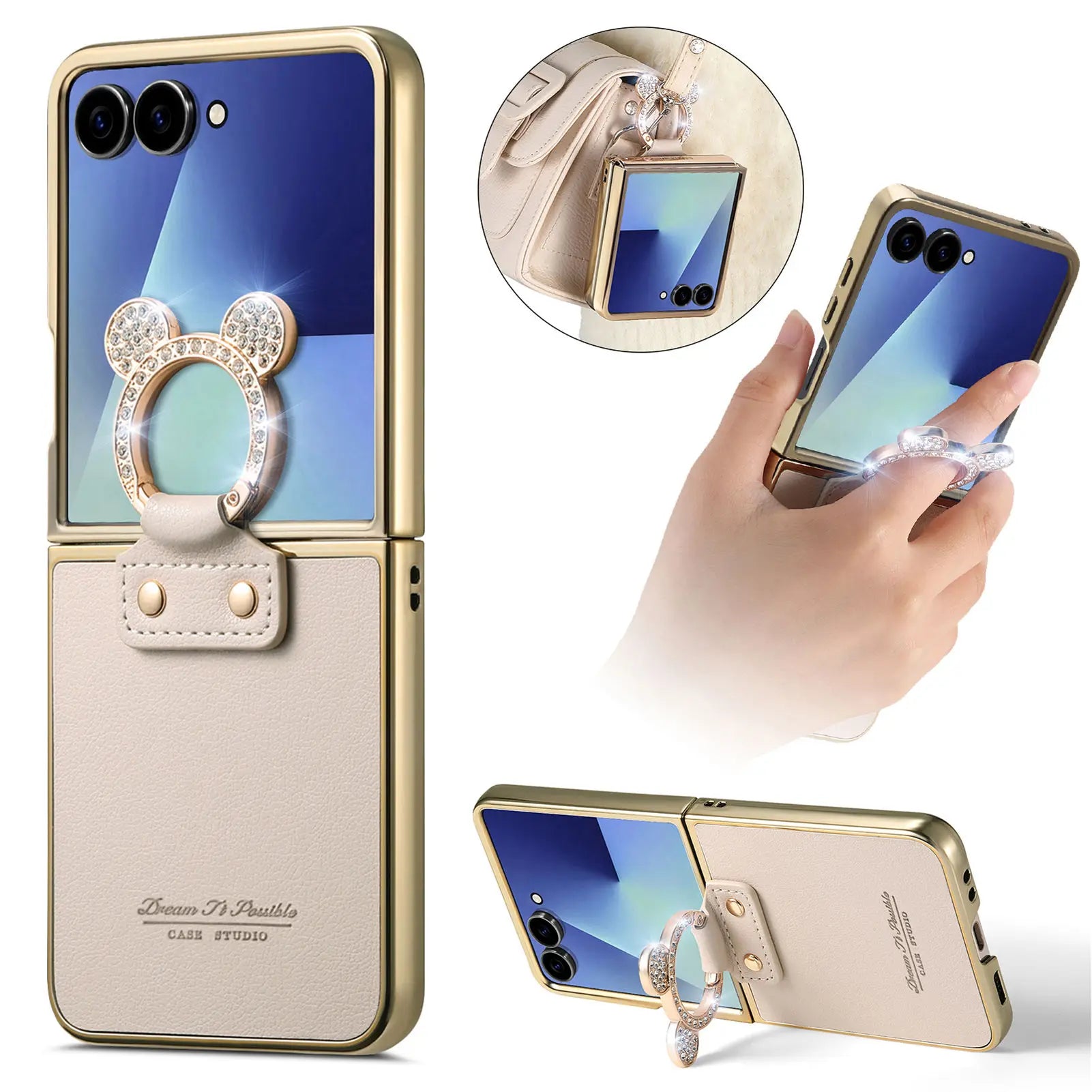 Luxury Leather Case with Rhinestone Ring Holder for Samsung Galaxy Z Flip 7