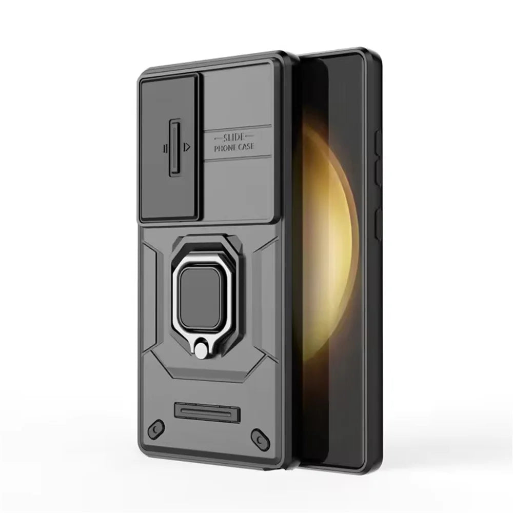 Shockproof Armor Case with Slide Camera Lens Protection & Ring Stand for Samsung Galaxy S25 Series
