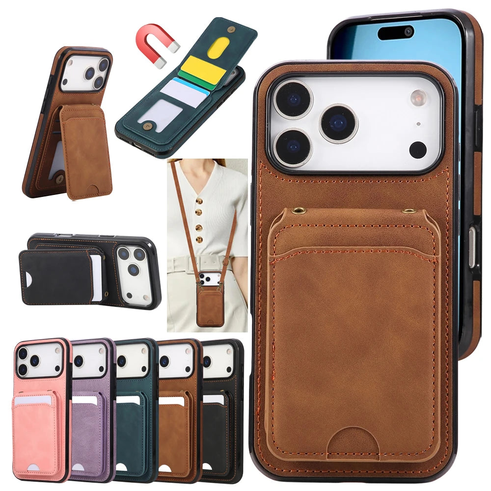 Premium Leather Phone Wallet Case with Lanyard and Stand for iPhone 17 Series