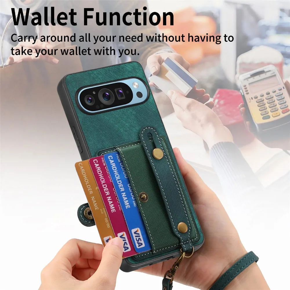 Retro PU Leather Wrist Strap Wallet Case for Google Pixel 9 Series