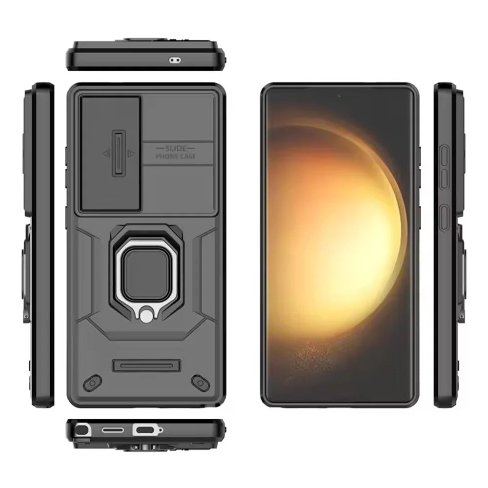 Shockproof Armor Case with Slide Camera Lens Protection & Ring Stand for Samsung Galaxy S25 Series
