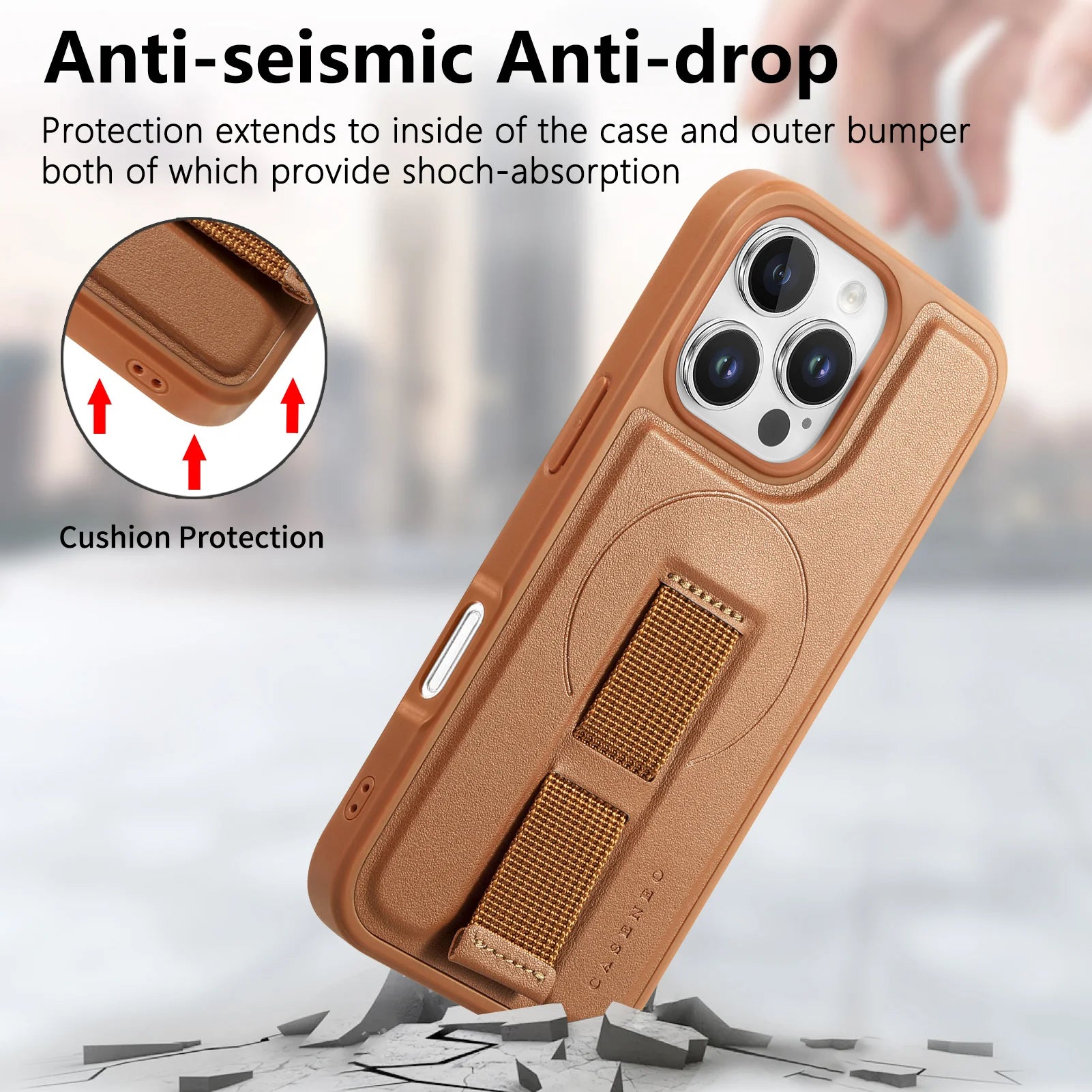 iPhone 16 Series Leather MagSafe Case with Wrist Strap