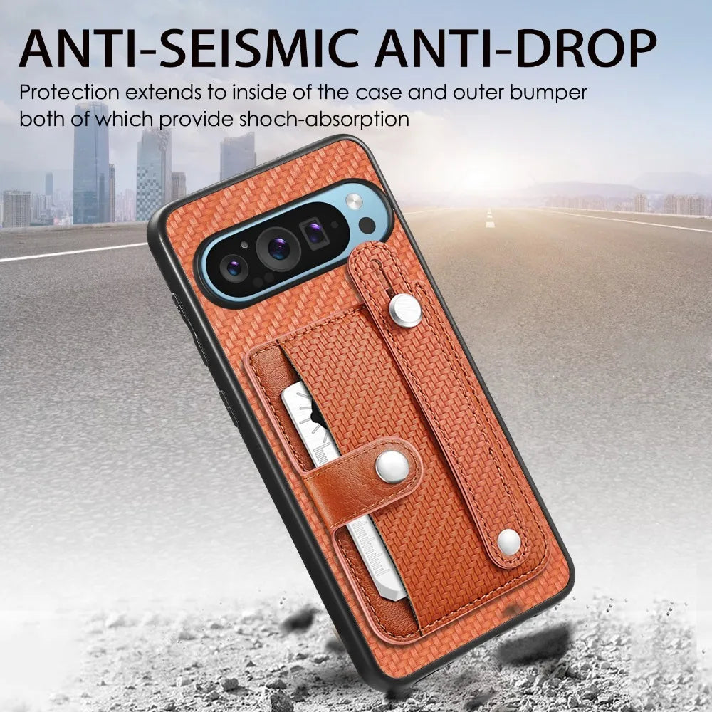 Retro Leather Wallet Phone Case with Card Holder and Wrist Strap for Google Pixel 9 Series – Vintage Style & Functionality