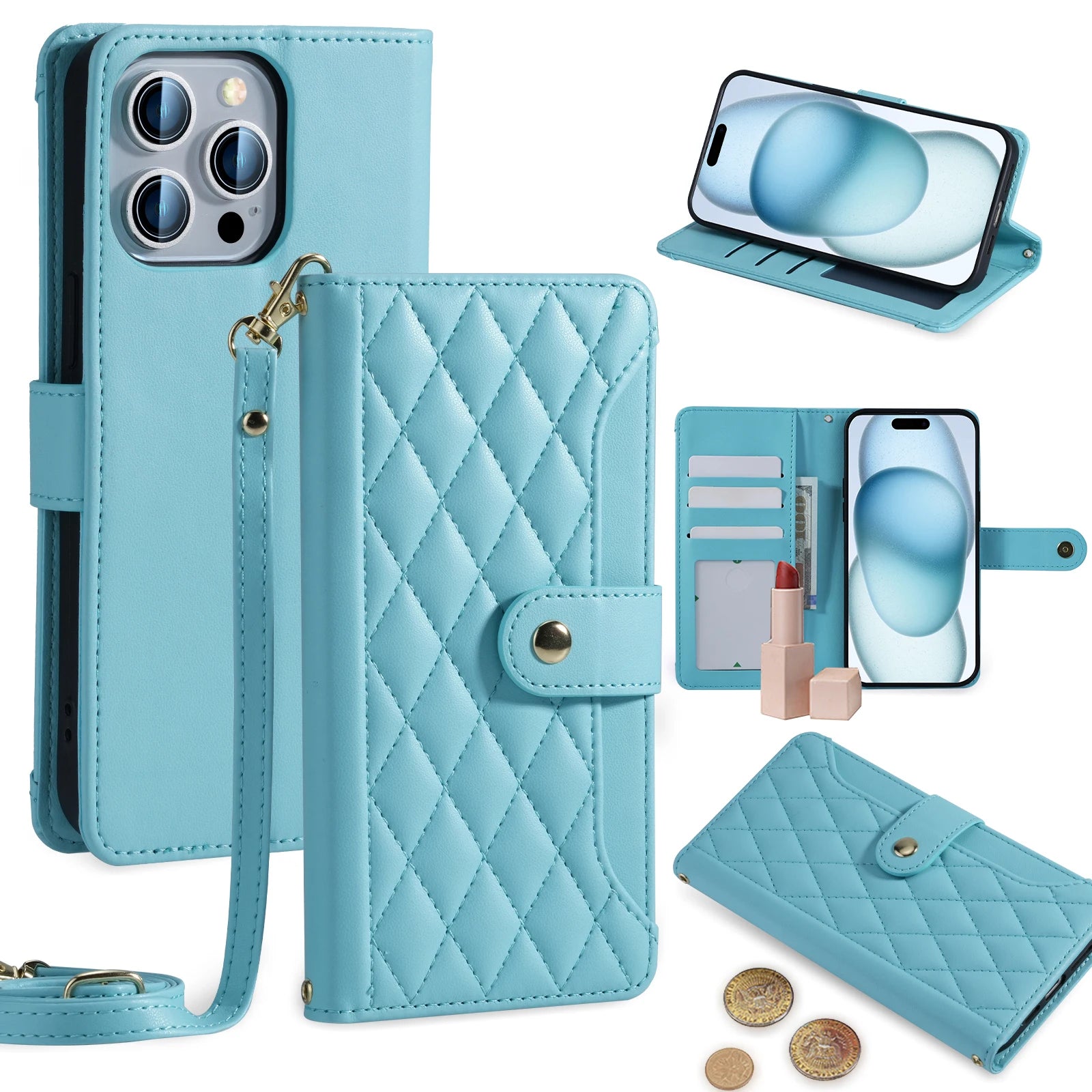 Crossbody Leather Wallet Flip Case with Card Slots and Lanyard Strap for iPhone 14 Series