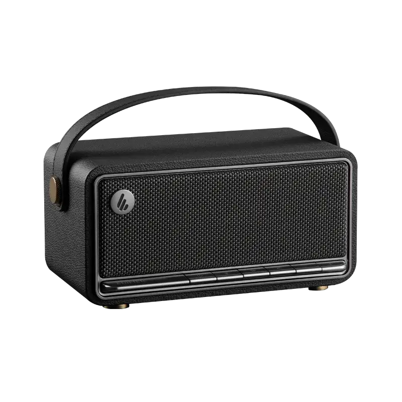 Black portable speaker with handle on a white background