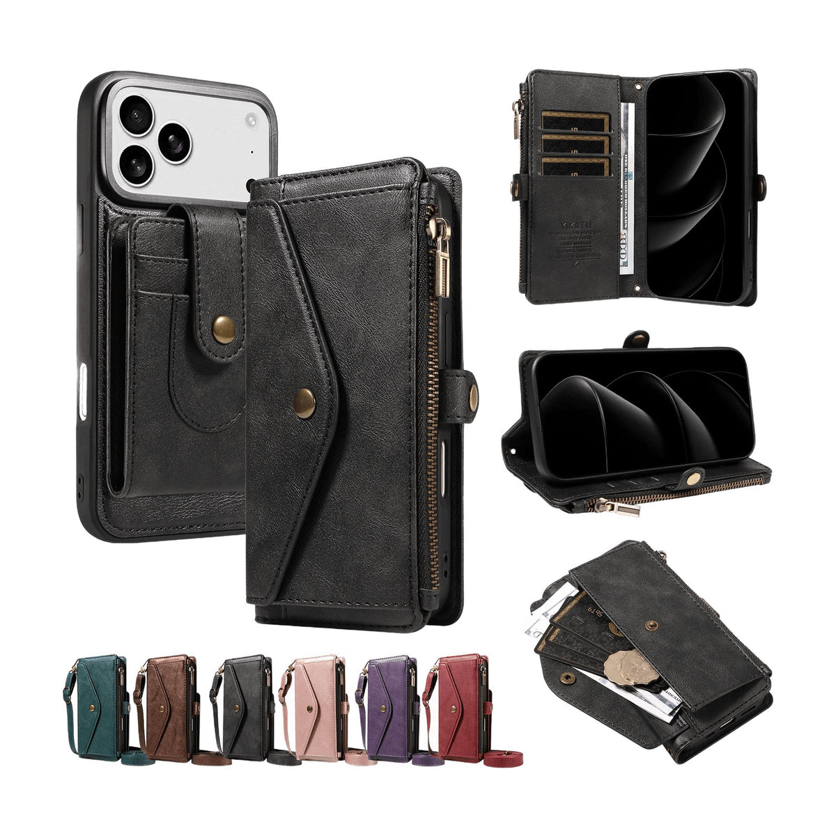Textured Leather Detachable Wallet Case with Crossbody Strap for iPhone 18 Series