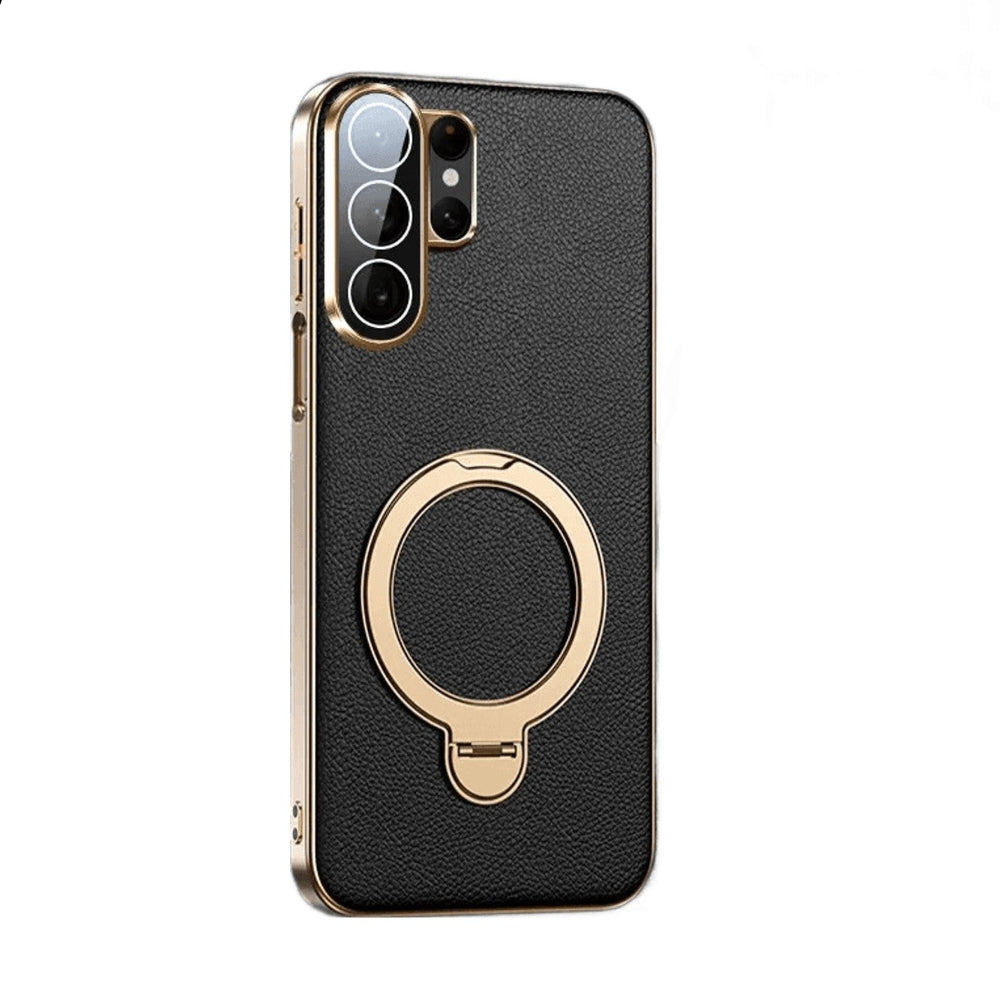 Leather Case with 360° Rotating Magnetic Ring Stand for Samsung Galaxy S23 Ultra