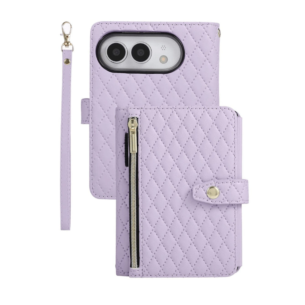 Quilted Leather Crossbody Lanyard Case with 9-Card Wallet for iPhone Duo