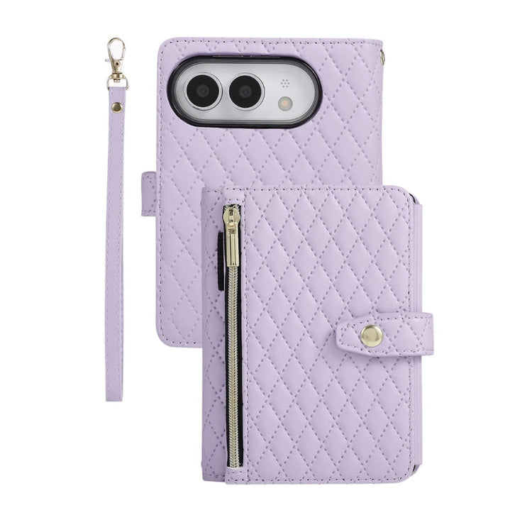 Quilted Leather Crossbody Lanyard Case with 9-Card Wallet for iPhone Duo