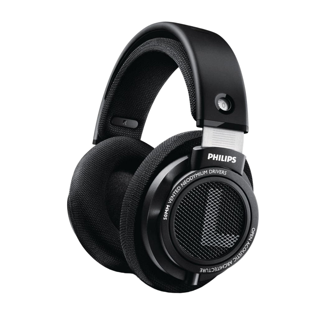 Black Philips headphones on a white background