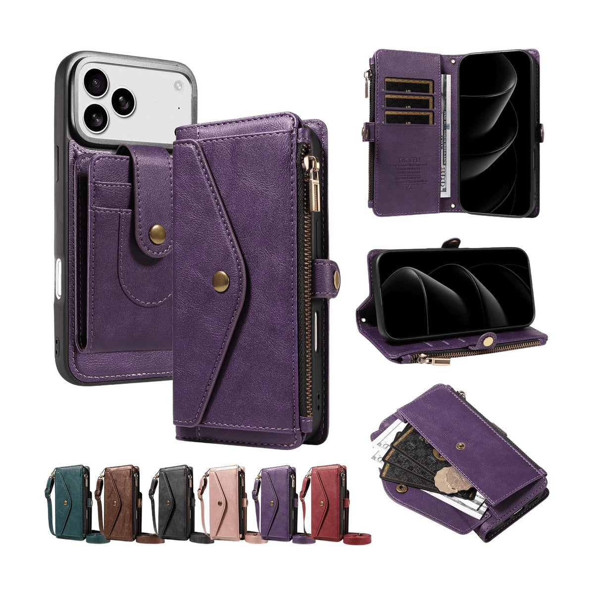 Textured Leather Detachable Wallet Case with Crossbody Strap for iPhone 18 Series