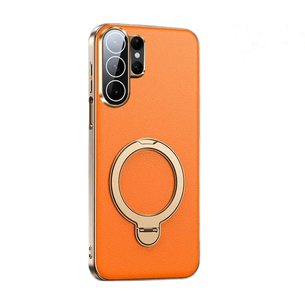 Leather Case with 360° Rotating Magnetic Ring Stand for Samsung Galaxy S23 Ultra
