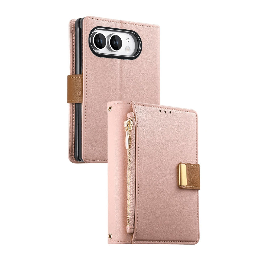 Vegan Leather 4-Card Kickstand Wallet Case with Zippered Coin Pocket for iPhone Duo