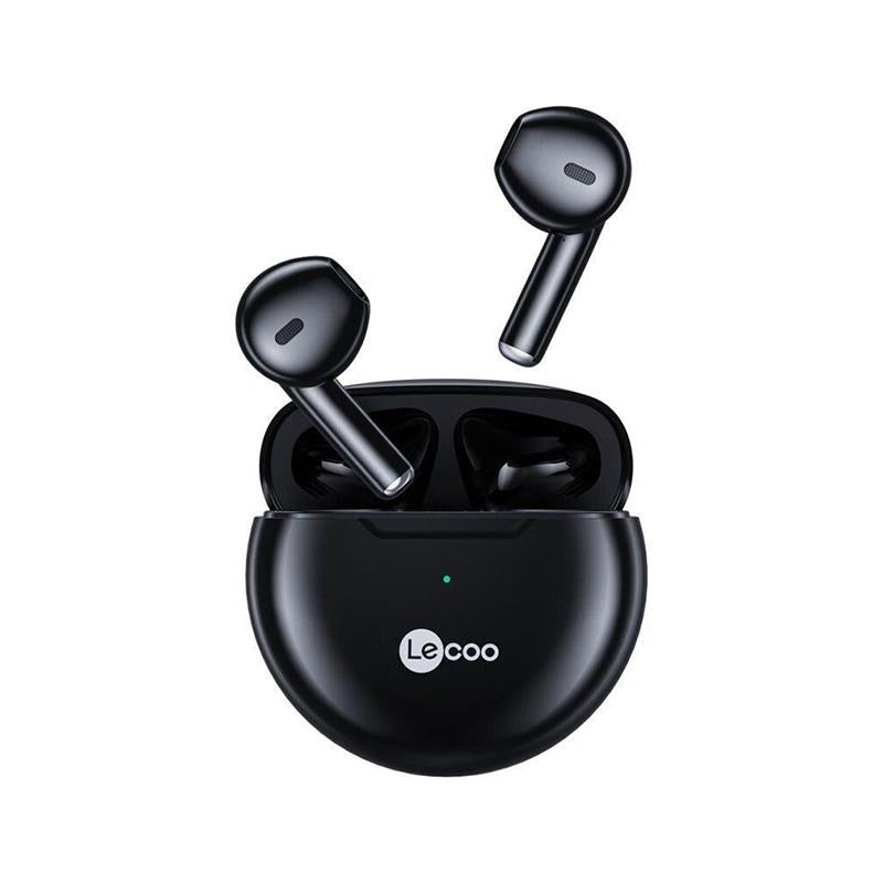 Black wireless earbuds with charging case on a white background, featuring the Lecoo brand.