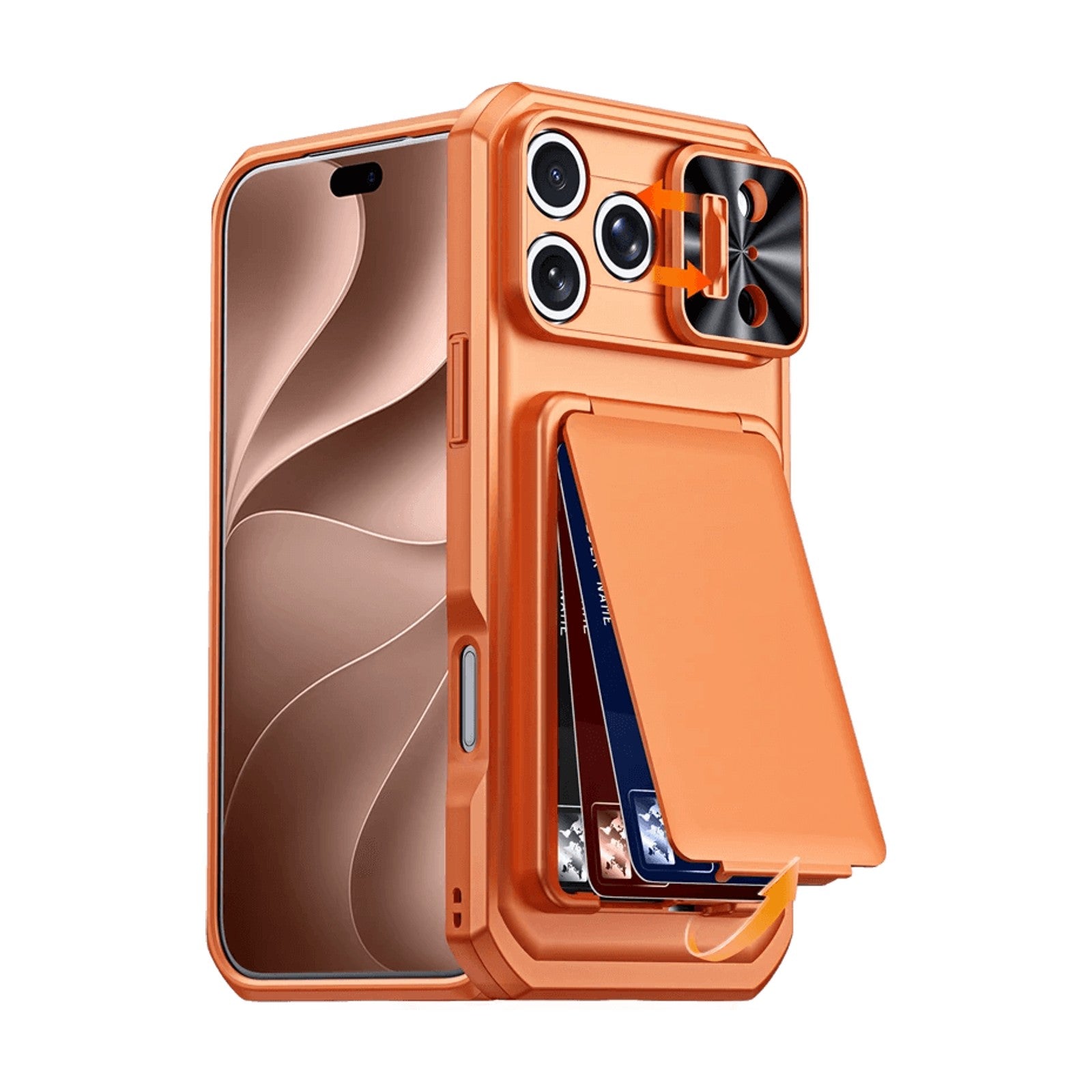 Shockproof PC+TPU Slide Camera Lens Protection Case with 3-Card Wallet for iPhone 18 Series