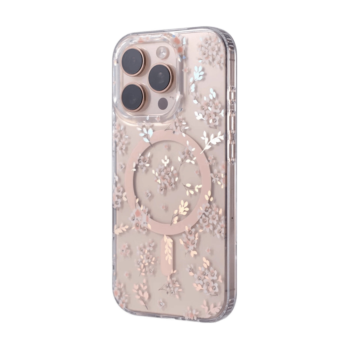Transparent Floral MagSafe Case with Integrated Wireless Charging Ring for iPhone 15 Series