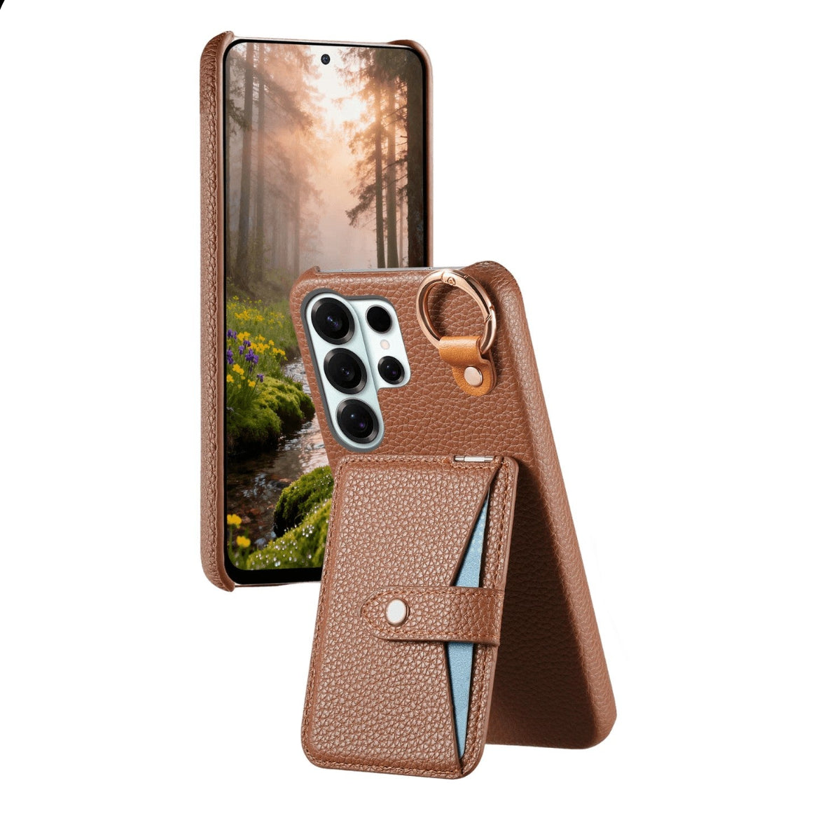 Grain Leather Flip Case with Built-In Makeup Mirror and Ring Holder for Samsung Galaxy S25 Series
