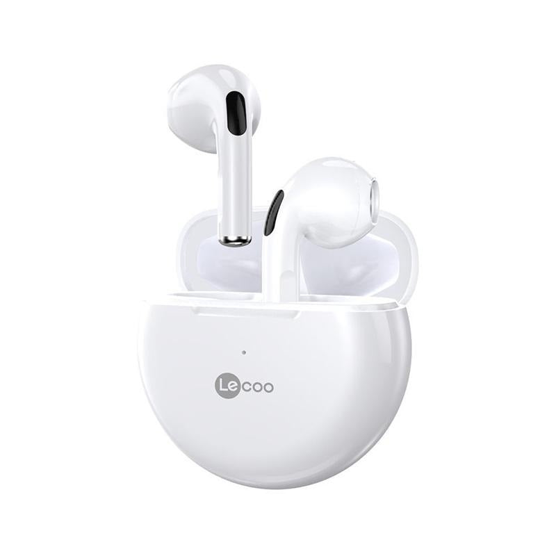 White wireless earbuds with charging case on a white background, featuring the brand 'Lecoo'.