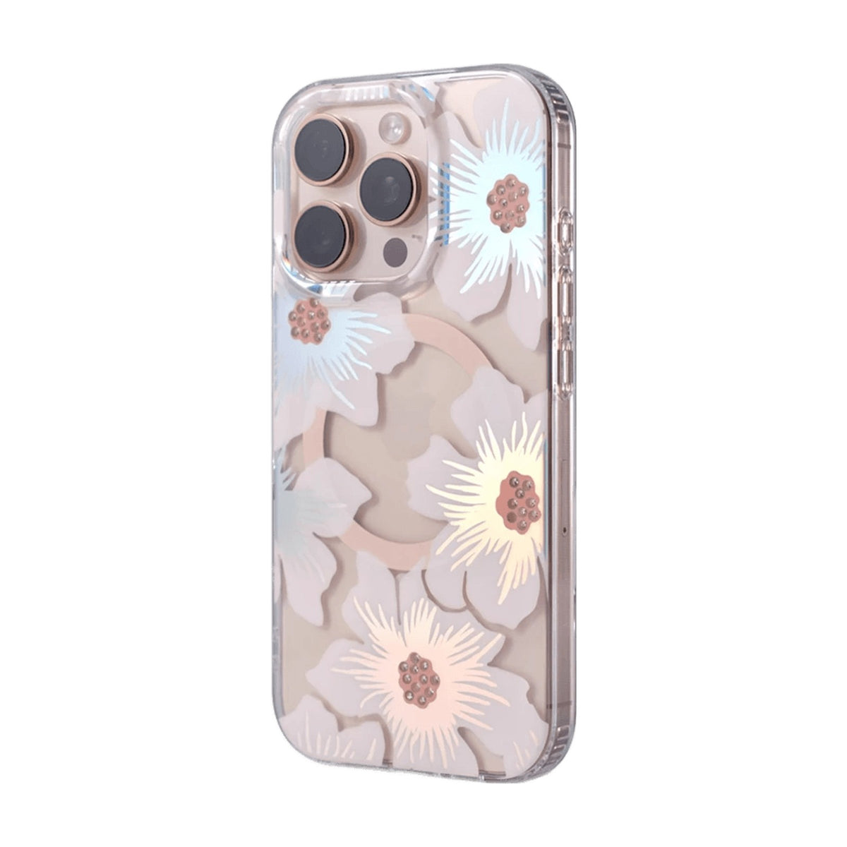 Transparent Floral MagSafe Case with Integrated Wireless Charging Ring for iPhone 15 Series
