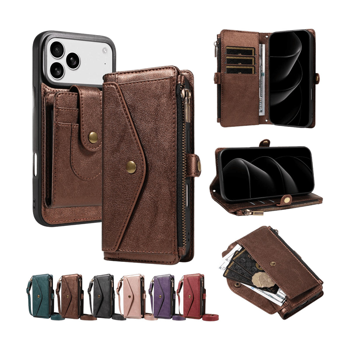 Textured Leather Detachable Wallet Case with Crossbody Strap for iPhone 18 Series