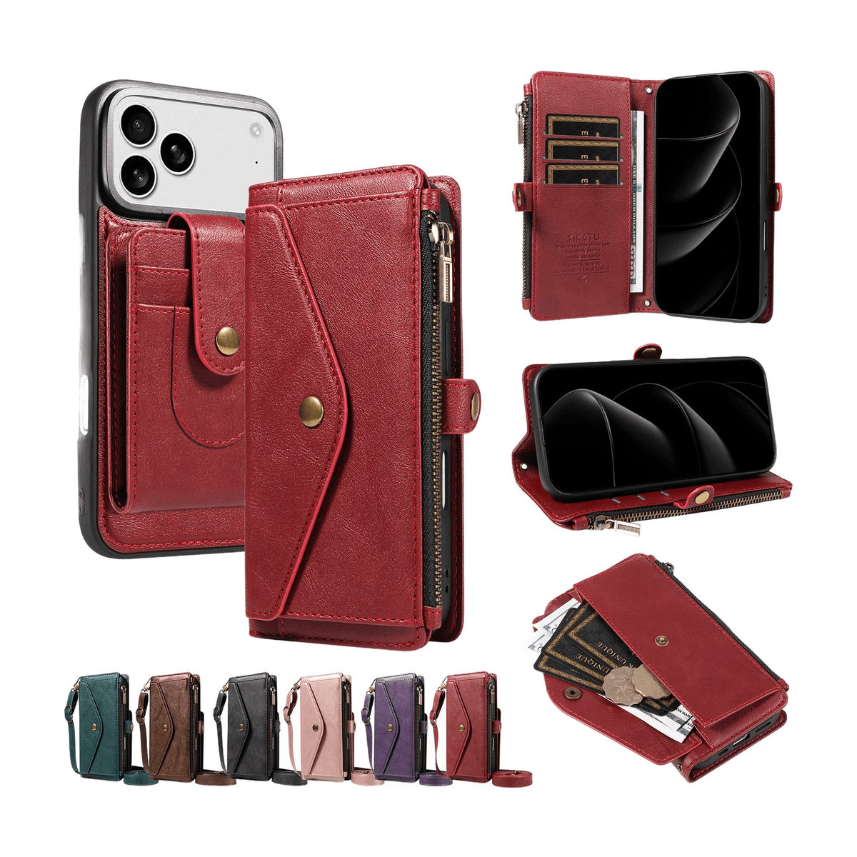 Textured Leather Detachable Wallet Case with Crossbody Strap for iPhone 18 Series