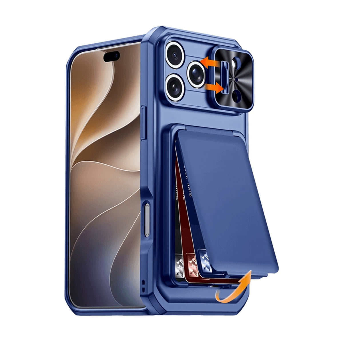 Shockproof PC+TPU Slide Camera Lens Protection Case with 3-Card Wallet for iPhone 18 Series