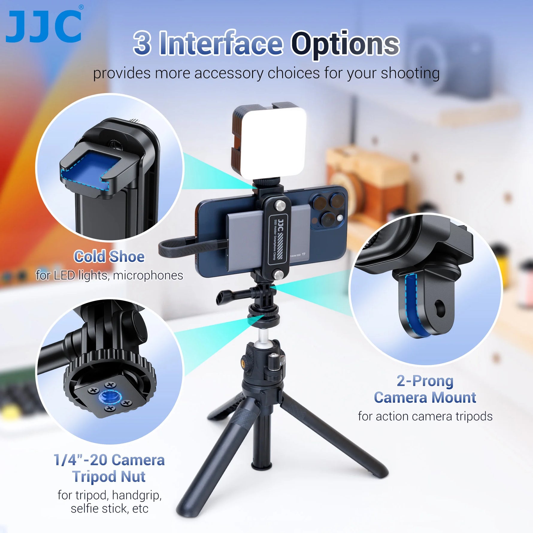 JJC 2-in-1 Smartphone Clamp & Portable SSD Holder – Versatile & Compact