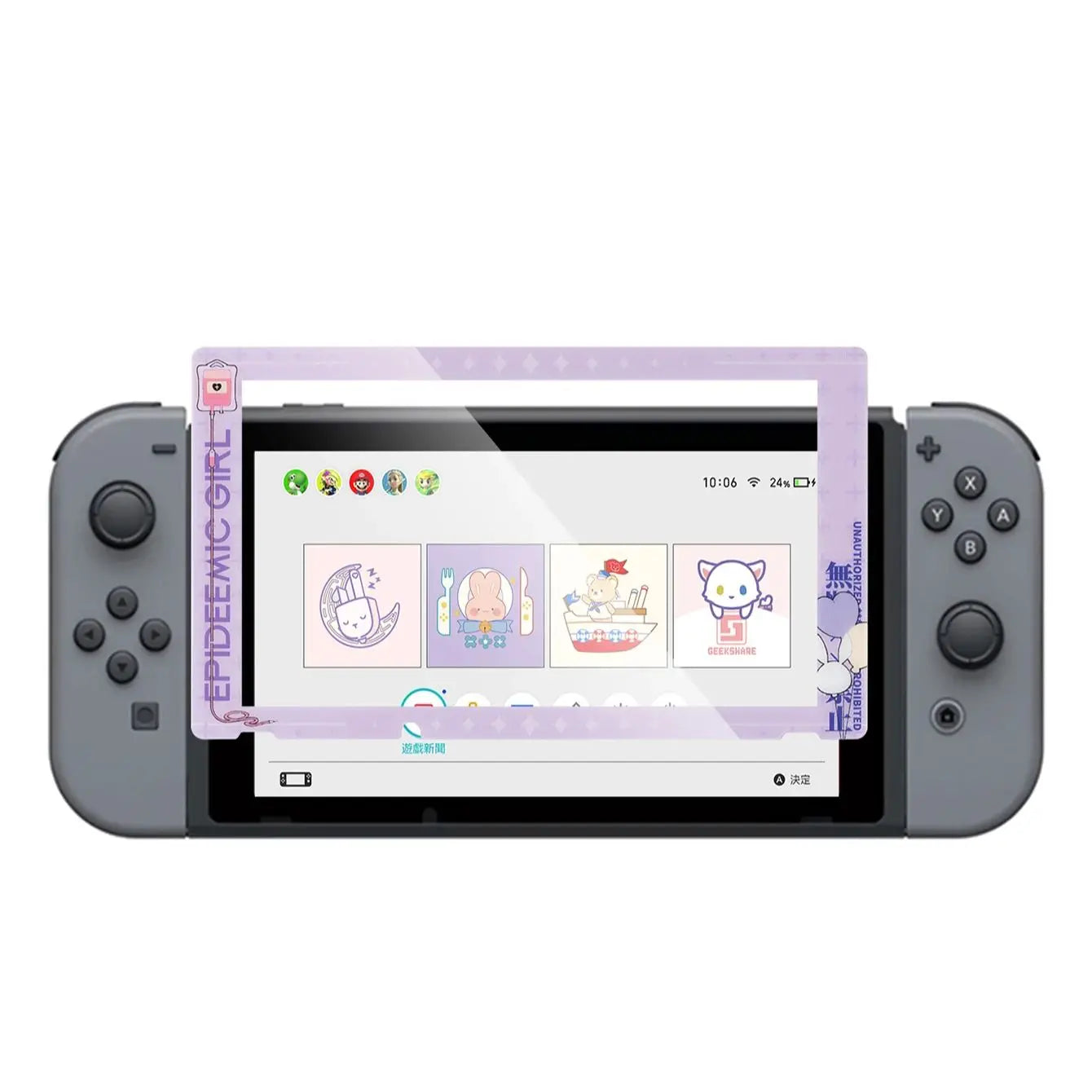 Gray gaming console with a screen displaying colorful app icons on a white background