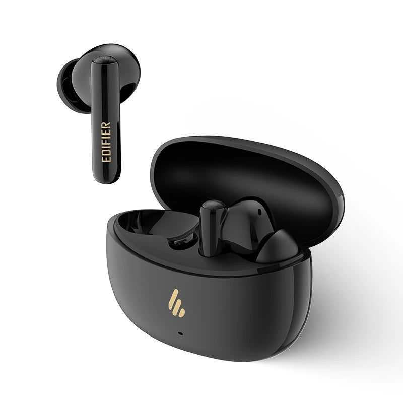 Black Edifier wireless earbuds with charging case on a white background
