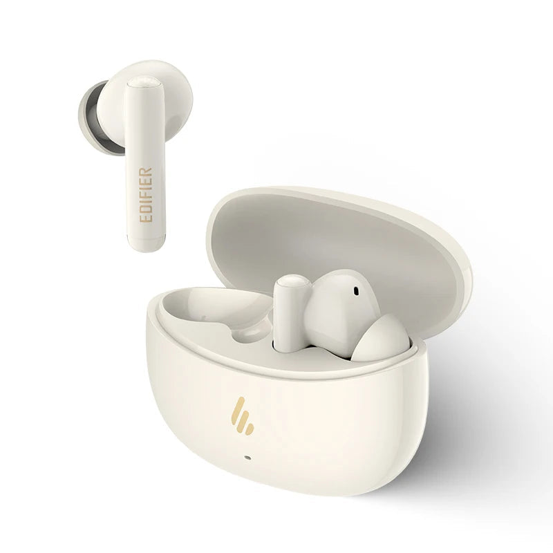 Edifier wireless earbuds with charging case on a white background