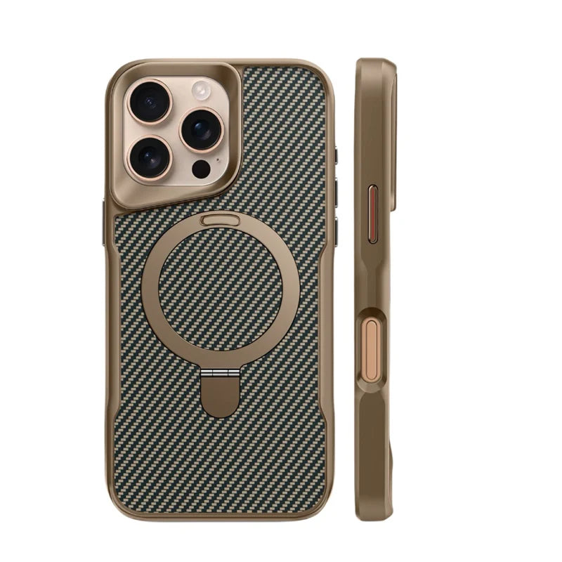 Carbon fiber MagSafe case with magnetic ring kickstand for iPhone 16 Series, sleek and functional