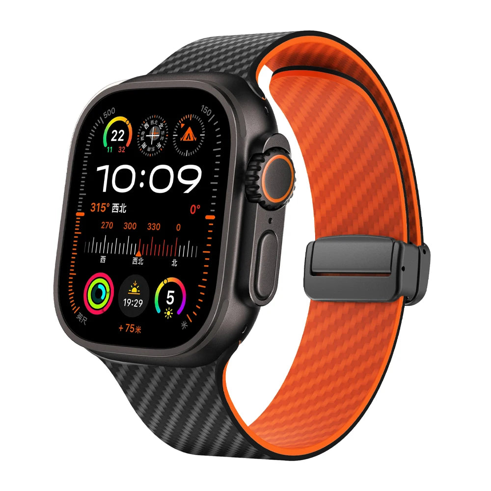 Carbon fiber pattern magnetic straps with magnetic buckle for Apple Watch, secure and stylish design.