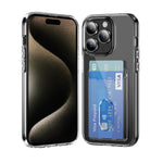 Crystal clear acrylic phone case with card slot for iPhone 16, offering screen and camera protection.