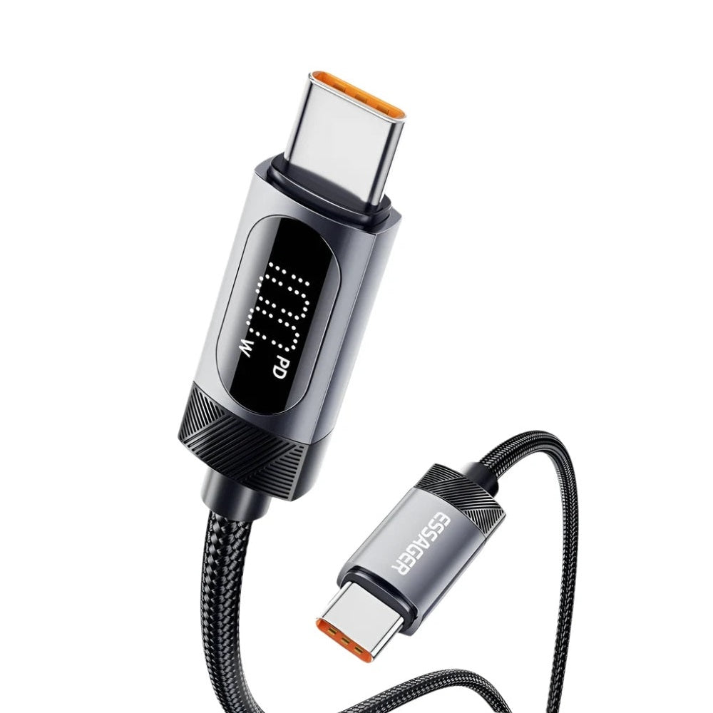 Essager 100W PD fast charging USB-C cable with digital display, durable aluminum alloy, and PP yarn construction.