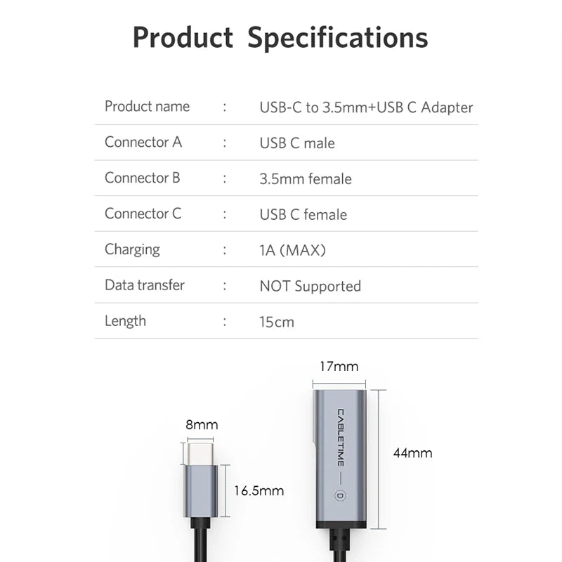 CABLETIME USB Type-C to 3.5mm AUX Adapter