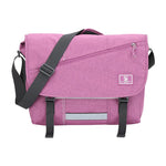 Pink messenger bag with black straps on a white background