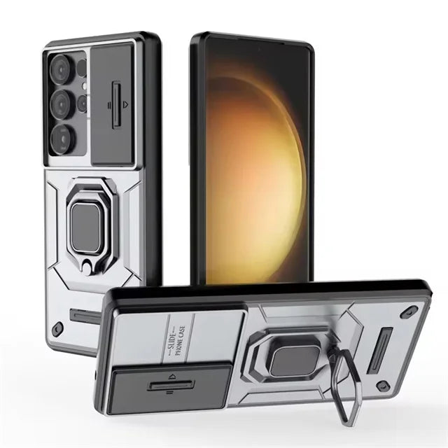 Shockproof Armor Case with Slide Camera Lens Protection & Ring Stand for Samsung Galaxy S25 Series