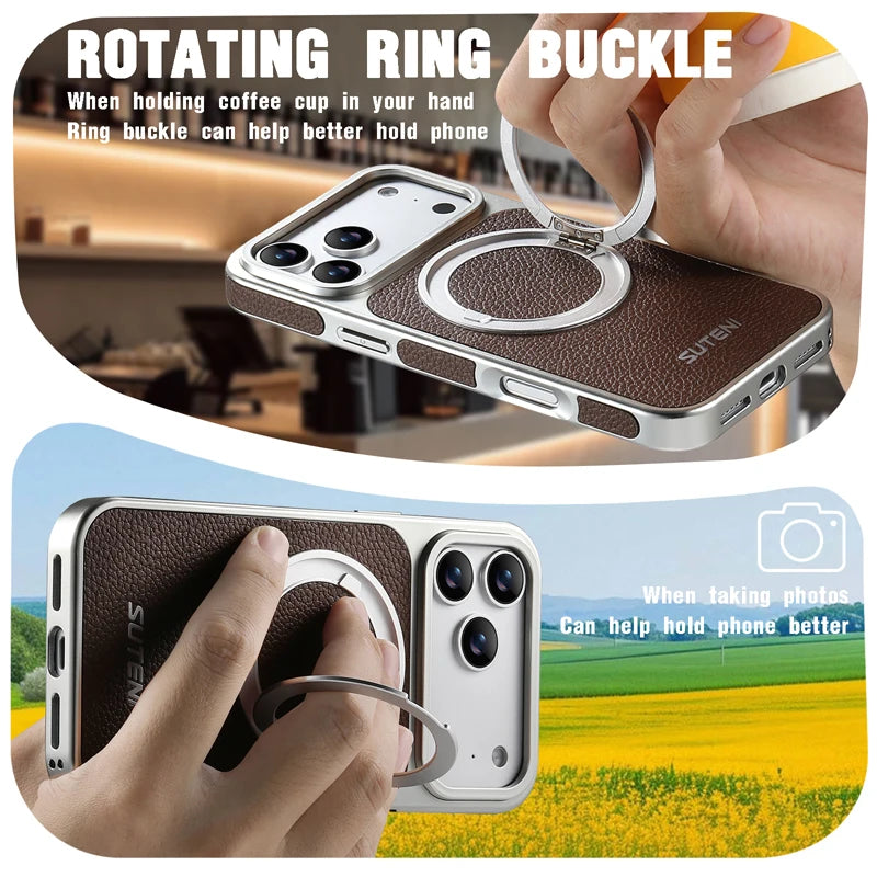Textured Quilted MagSafe Case with 360° Rotatable Ring Stand for iPhone 17 Series